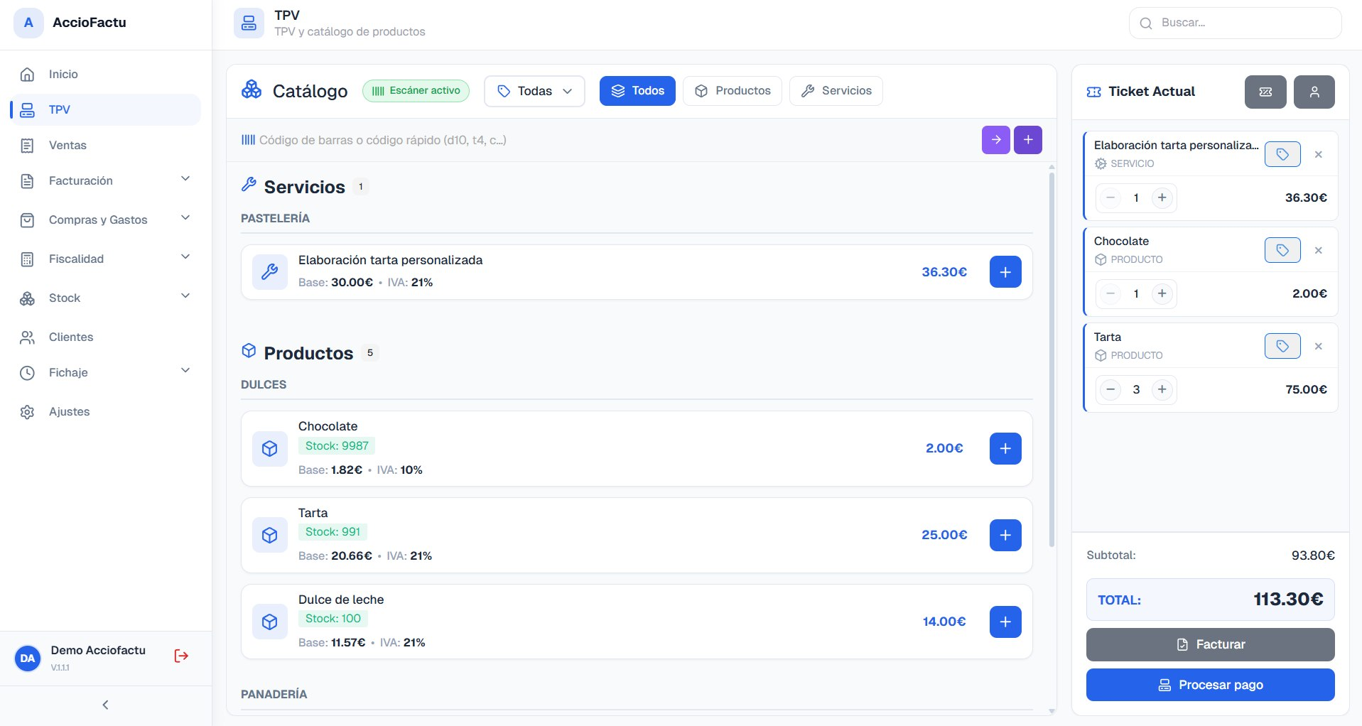 Pantalla de ventas de AccioFactu con historial de transacciones, formas de pago y productos